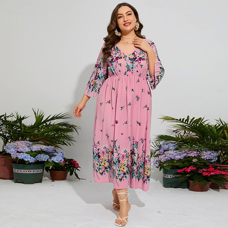 Plus-size pink floral chiffon spring dress with elastic waist and flare sleeves