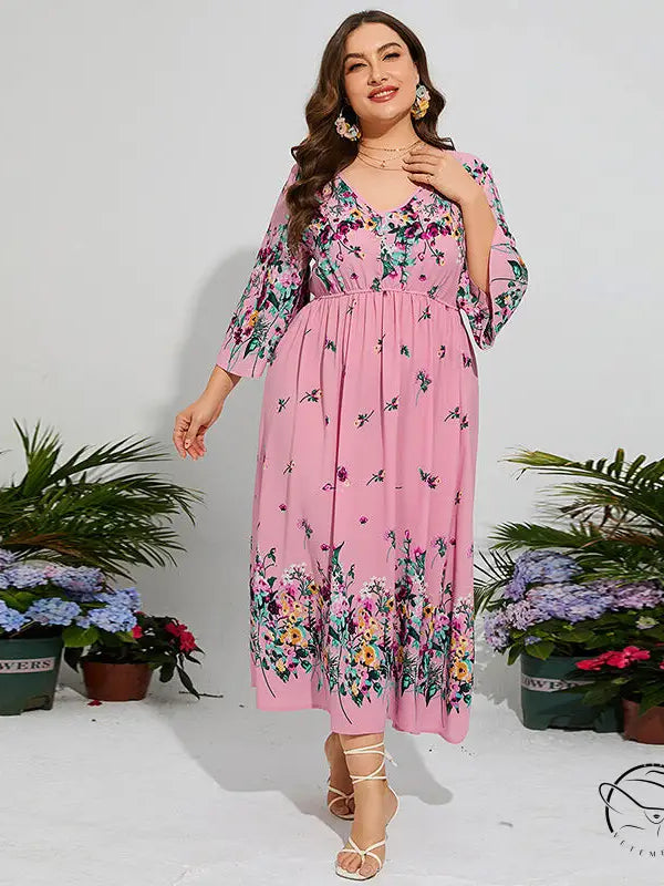 Pink floral chiffon spring dress with elastic waist for plus-size women