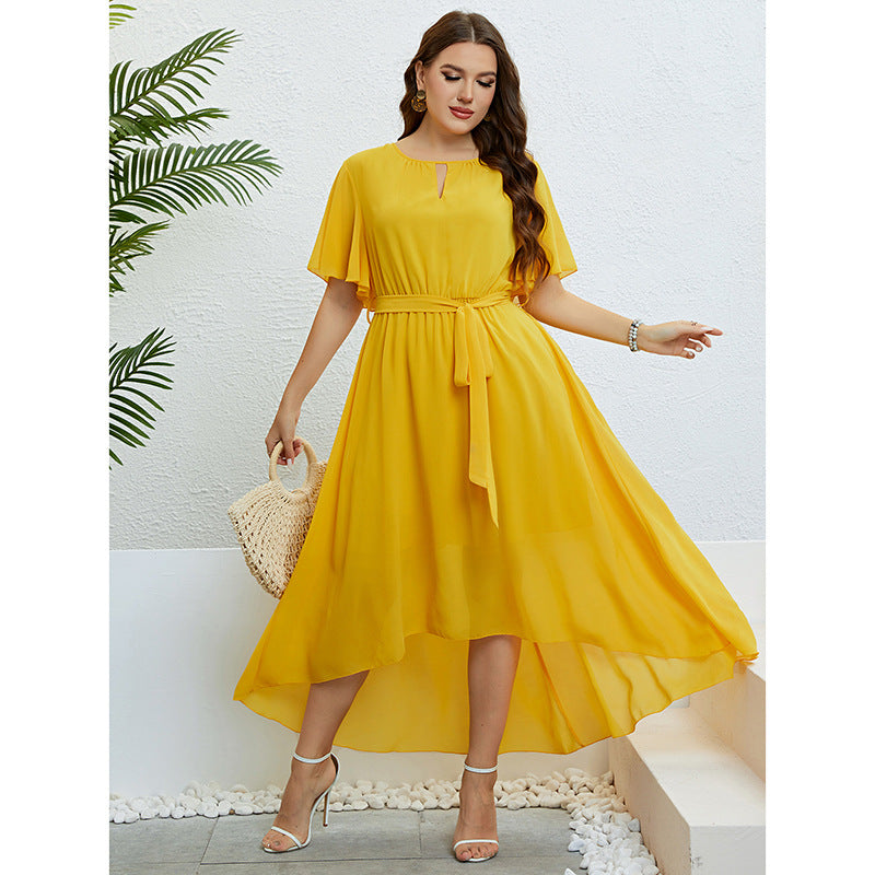 Yellow high-low dress featuring elegant lace with free shipping in a langry style
