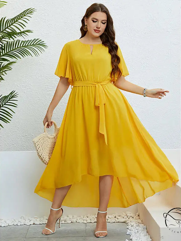 Elegant lace up yellow high-low dress with free shipping