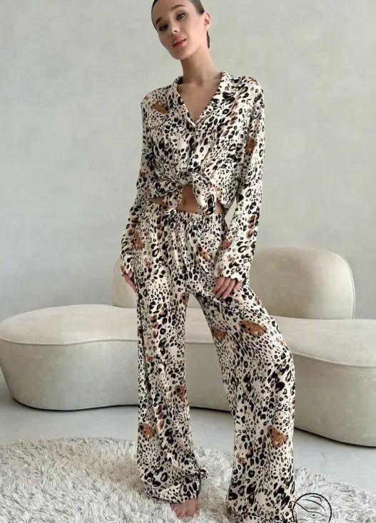 Fashion langry leopard print cardigan pajamas set for women