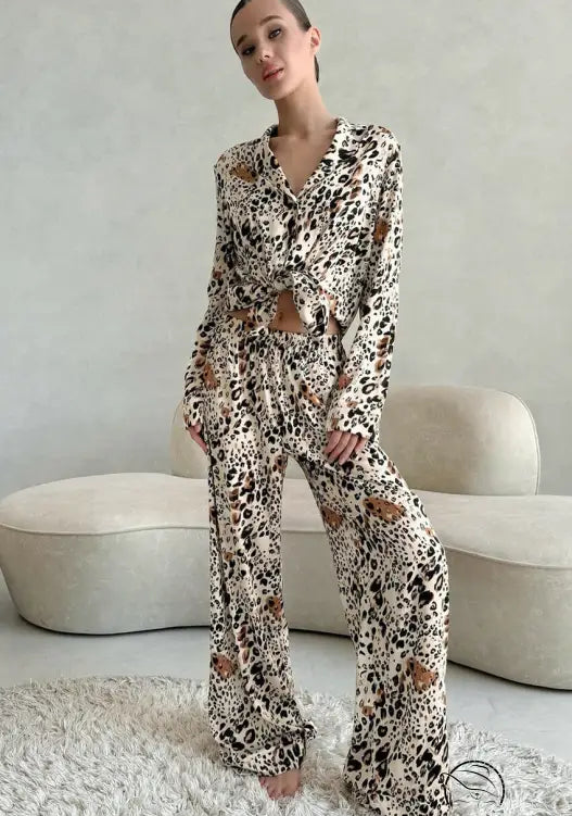 Fashion langry leopard print cardigan pajamas set for women