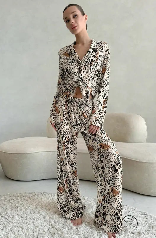 Fashion langry leopard print cardigan pajamas set for women