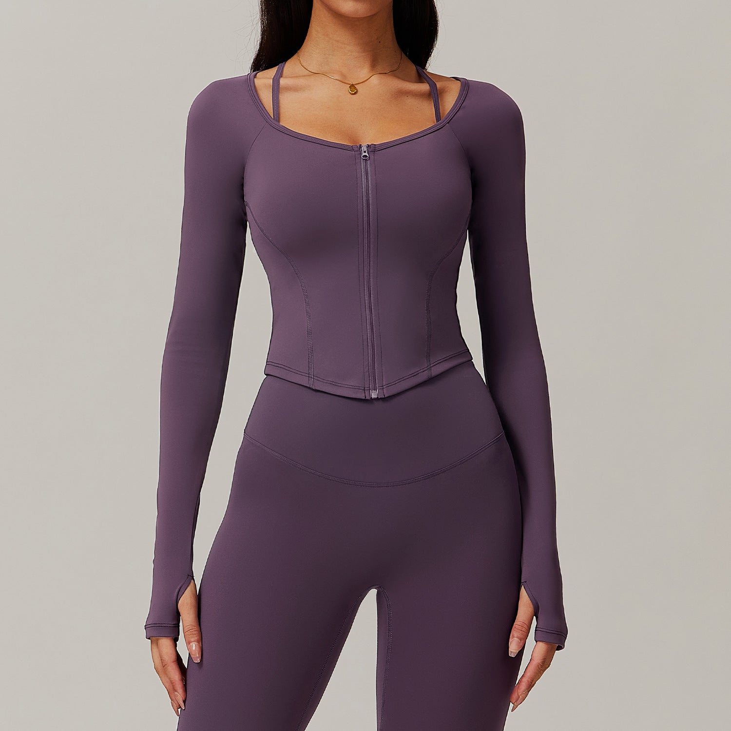 Purple long-sleeved workout bodysuit with front zipper, ideal for Comfy Fitness Yoga Top fashion