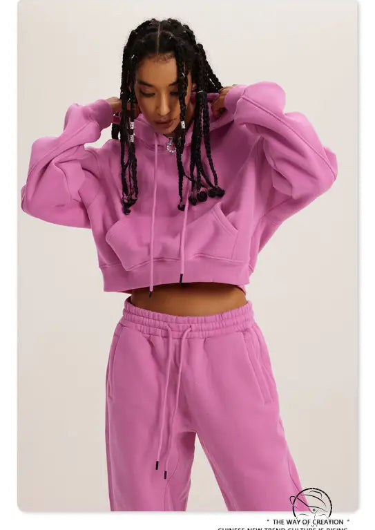Langry pink cropped hoodie and sweatpants matching set in winter retro fashion