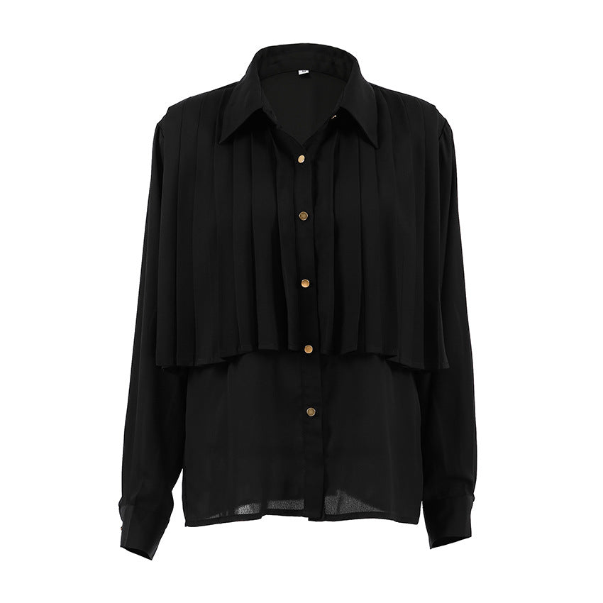 Elegant chiffon black long-sleeved button-up shirt with pleated bodice for sophisticated style