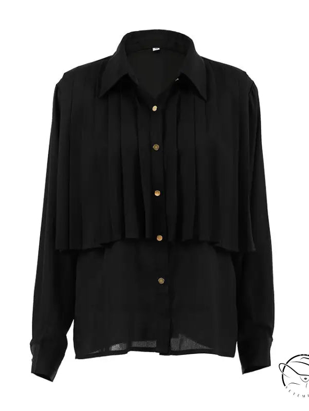 French elegant chiffon white niche pleated shirt with black long sleeves