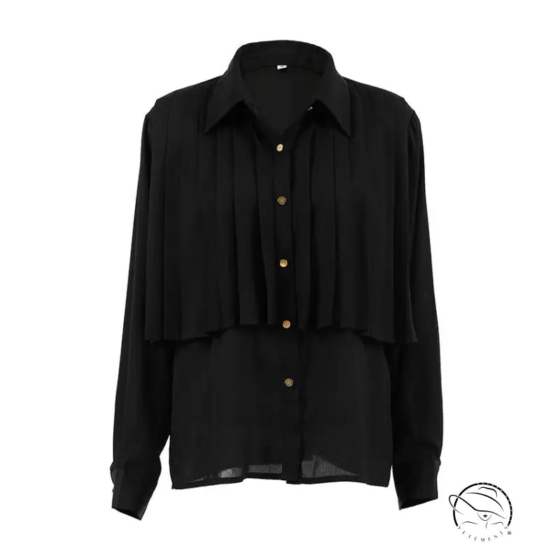 French elegant chiffon white niche pleated shirt with black long sleeves