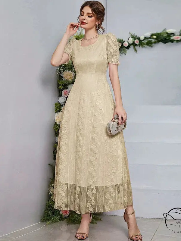 Beige lace midi dress with short sleeves and floral embroidery from Langry fashion ملابس