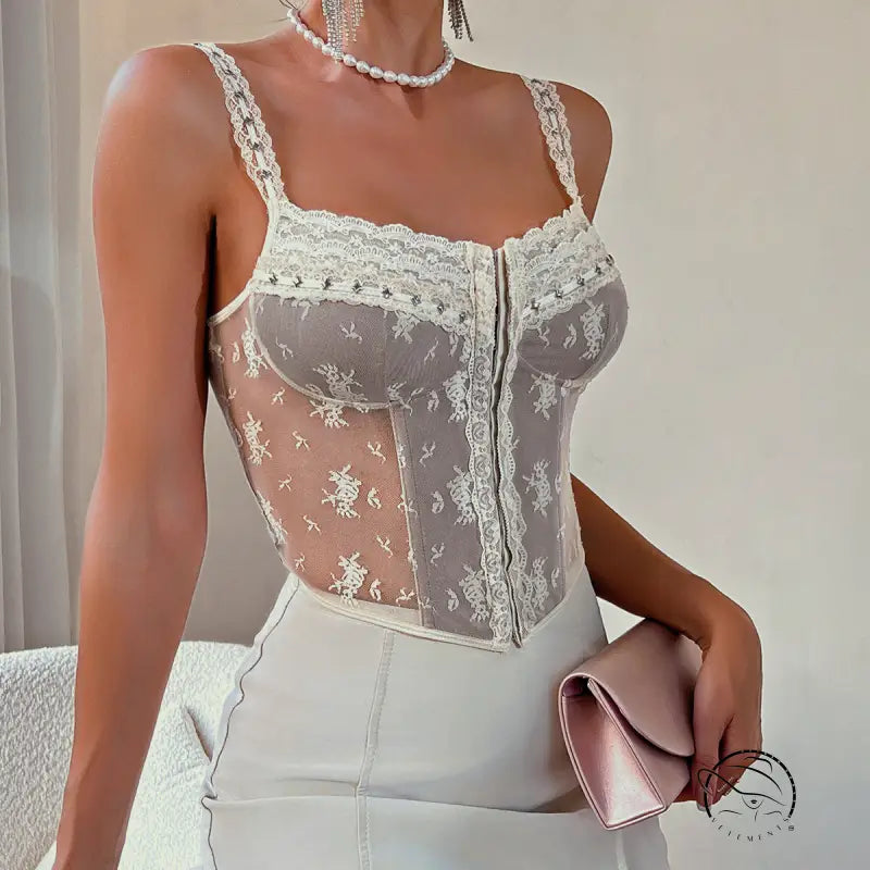 French Strap Lace Stitching See Through Vest