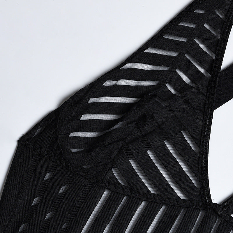 Hollow out Cutout Striped Cross Strap one Piece Lingerie Suit