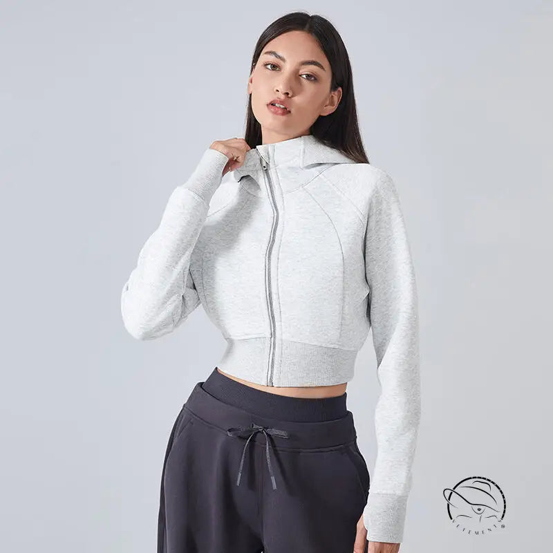 Gray cropped hooded cardigan sweater for women