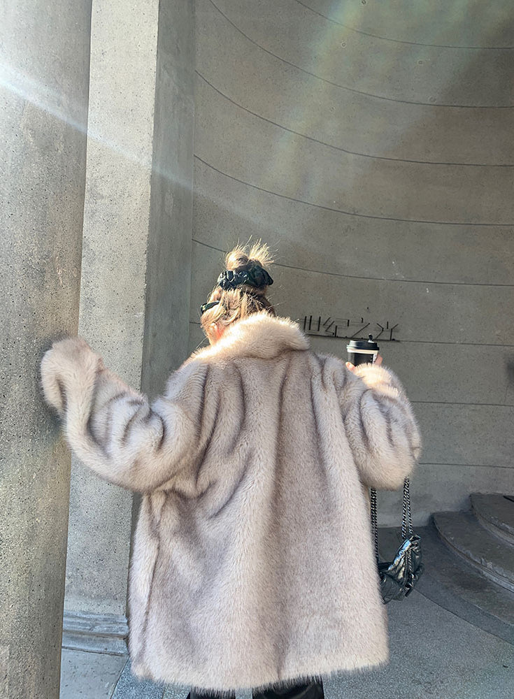 Langry faux fur shearling jacket in light beige with white trim