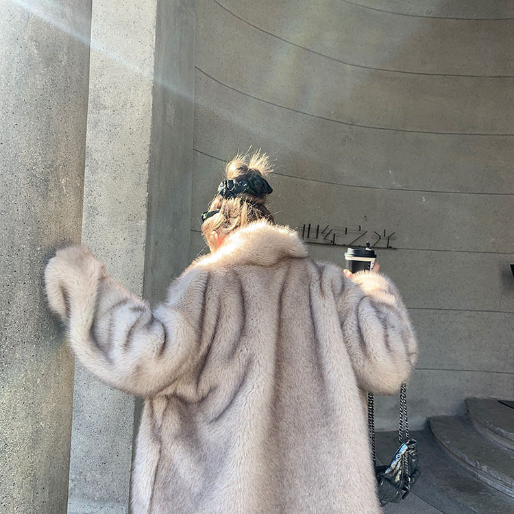 Langry faux fur shearling jacket in light beige with white trim