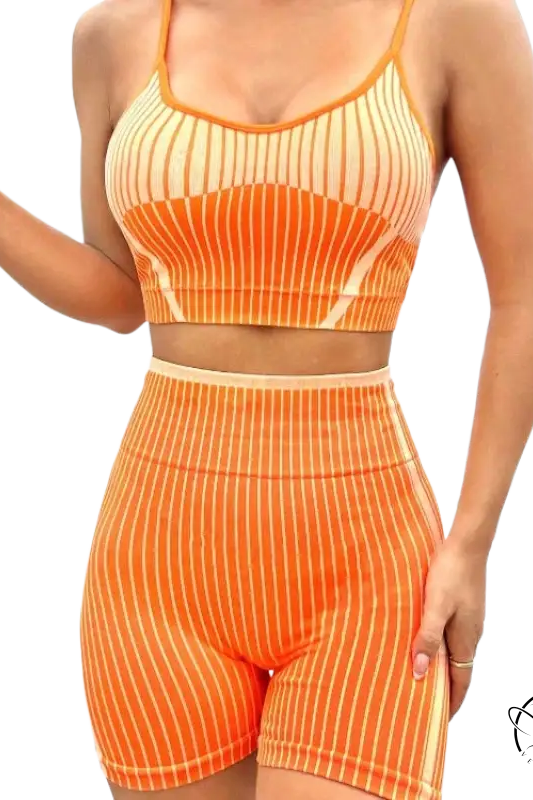 Orange and cream striped high waist bum lift workout athletic set