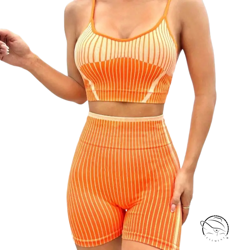 Orange and cream striped high waist bum lift workout athletic set