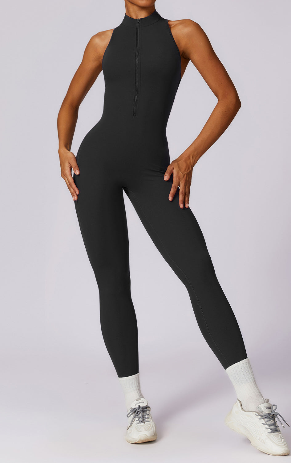 Black langry fashion Beauty Back Yoga Jumpsuit in high-neck sleeveless zip-front design