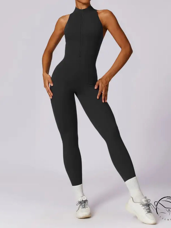 Black langry high-neck sleeveless zip-front yoga jumpsuit in fashion ملابس
