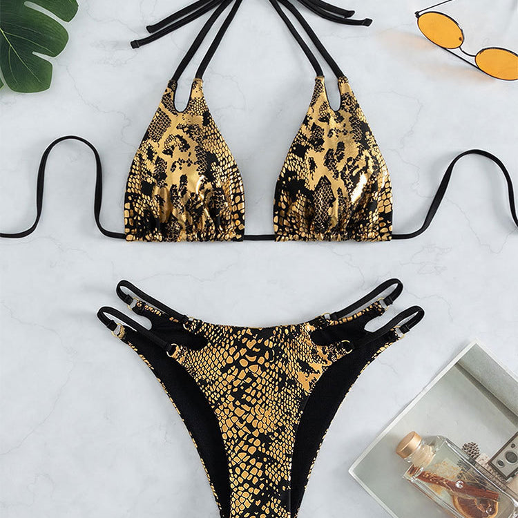 Summer printed snakeskin halter three point seamless bikini with printed snakeskin pattern