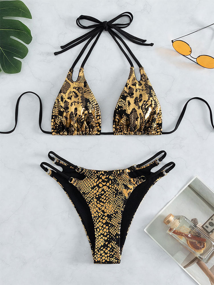 Summer printed snakeskin halter three point seamless bikini with printed snakeskin pattern