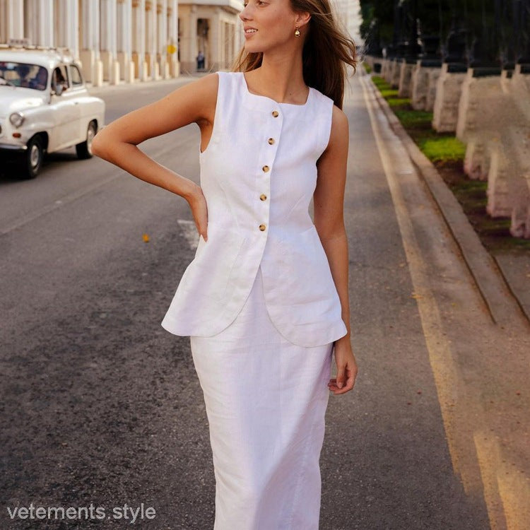 White linen high waist skirt suit from Summer High Sense collection, perfect for summer wear