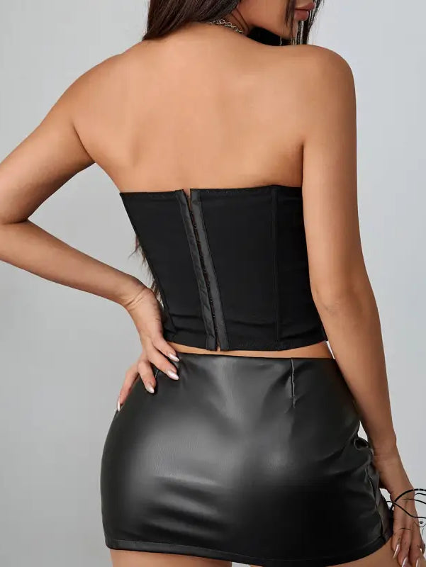 Black strapless mini skirt with gold trim, chest pad boning corset waistband