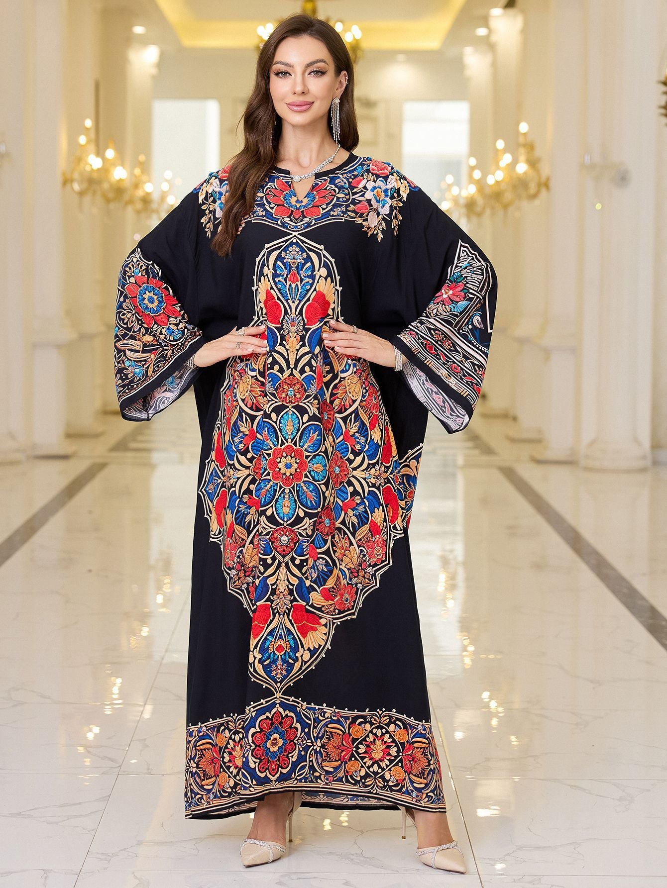 Elegant black floral print kaftan dress with bell sleeve length and v-neck