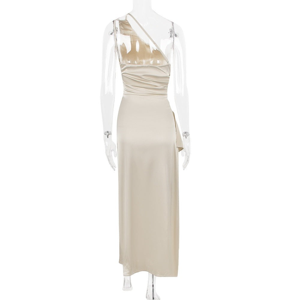 Beige one-shoulder satin evening dress for any occasion with free shipping available
