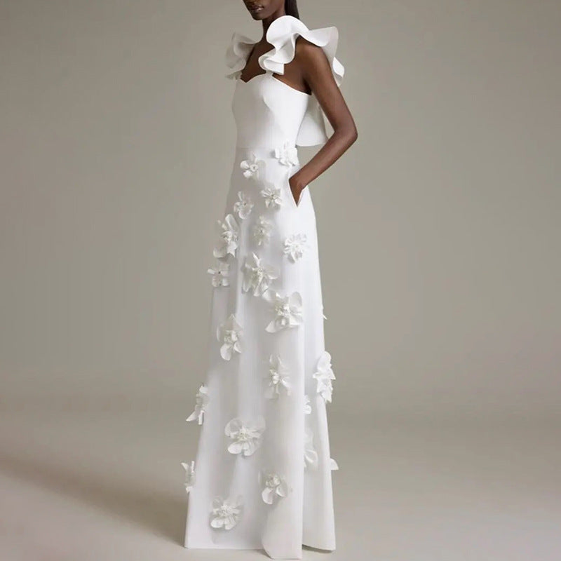 White floral-appliqued gown in High Grade Stitching Floral Summer Slim Fit Dress women fashion