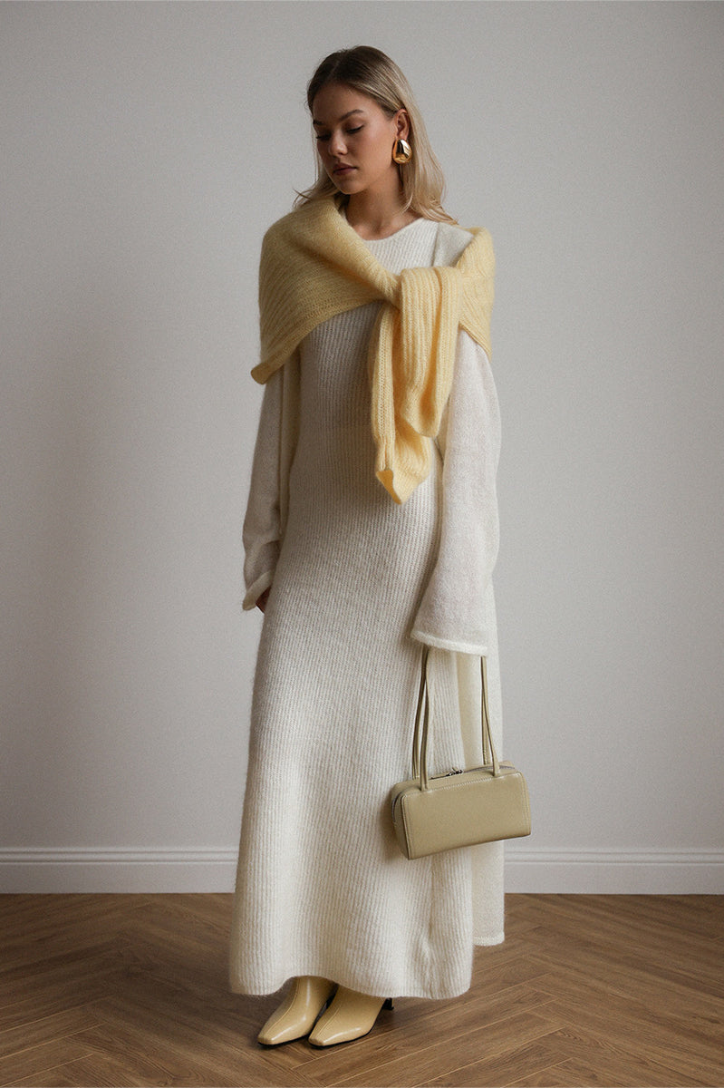 Cream textured knitted cardigan sleeveless dress with yellow scarf and beige handbag