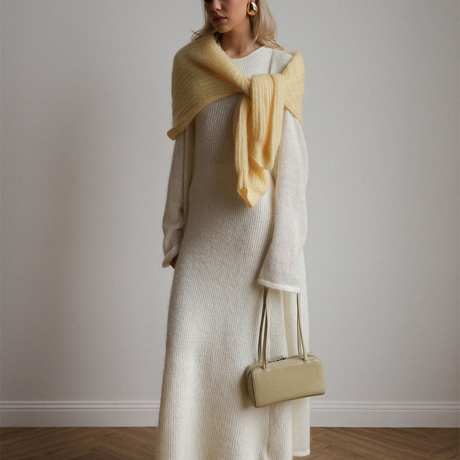 Cream textured knitted cardigan sleeveless dress with yellow scarf and beige handbag