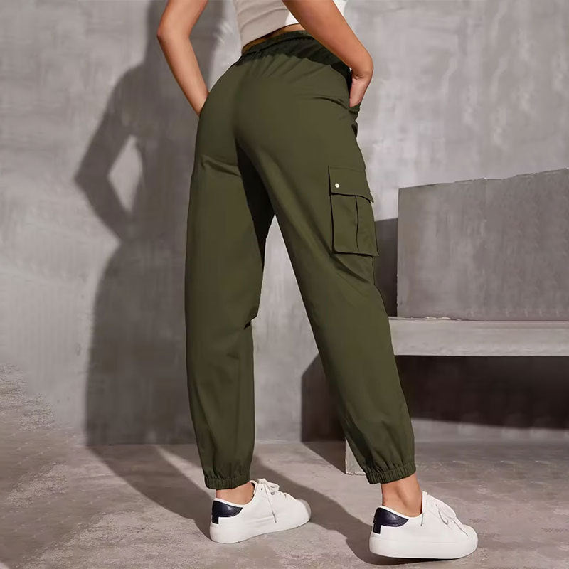 Olive green cargo jogger pants with elastic cuffs, perfect for stylish casual fashion