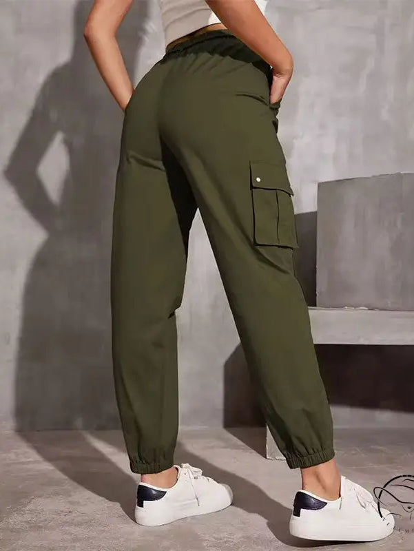 Olive green high waist wide leg cargo jogger pants with elastic cuffs