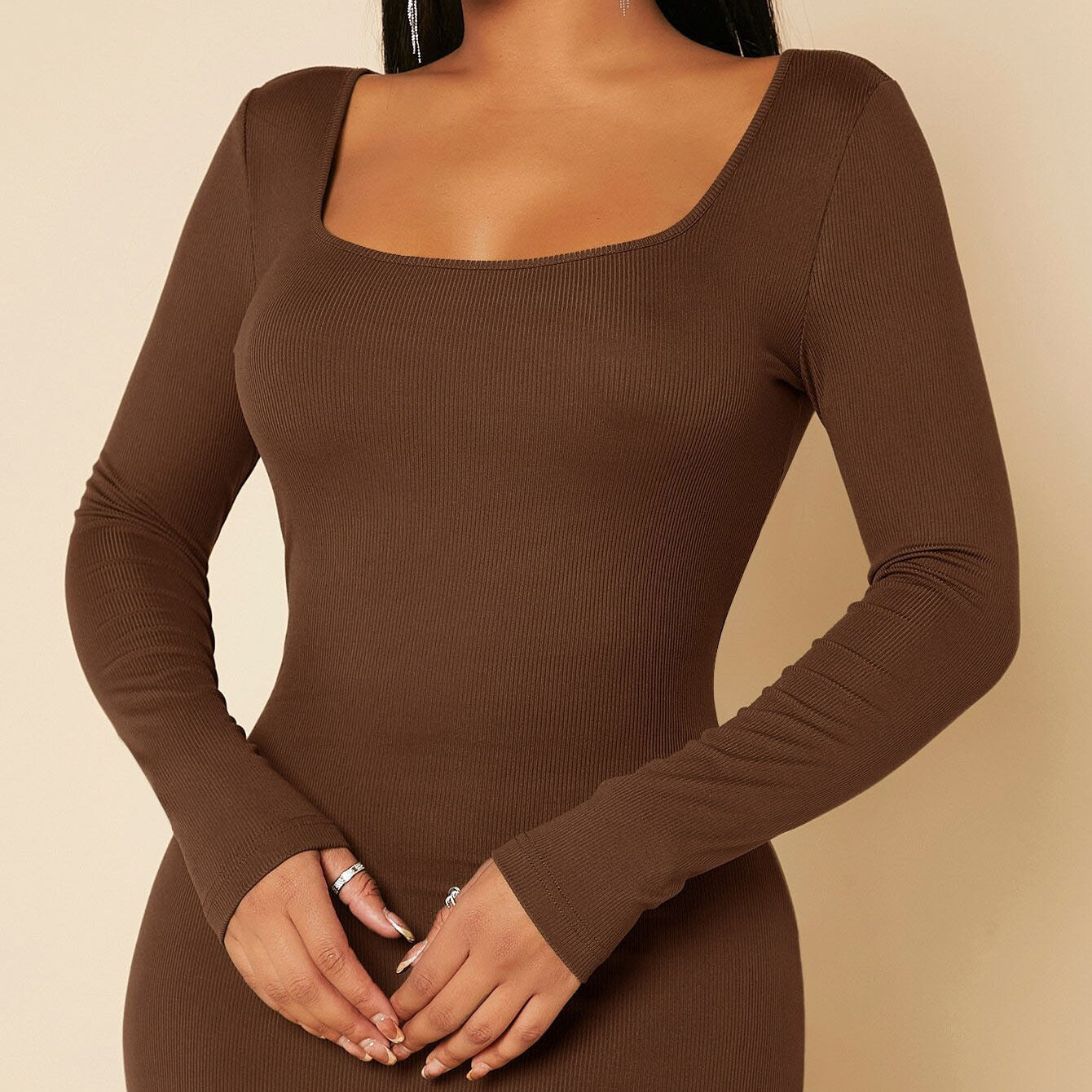 Elegant gracefull slim mid-length brown square-neck long-sleeve dress for fashionable ملابس