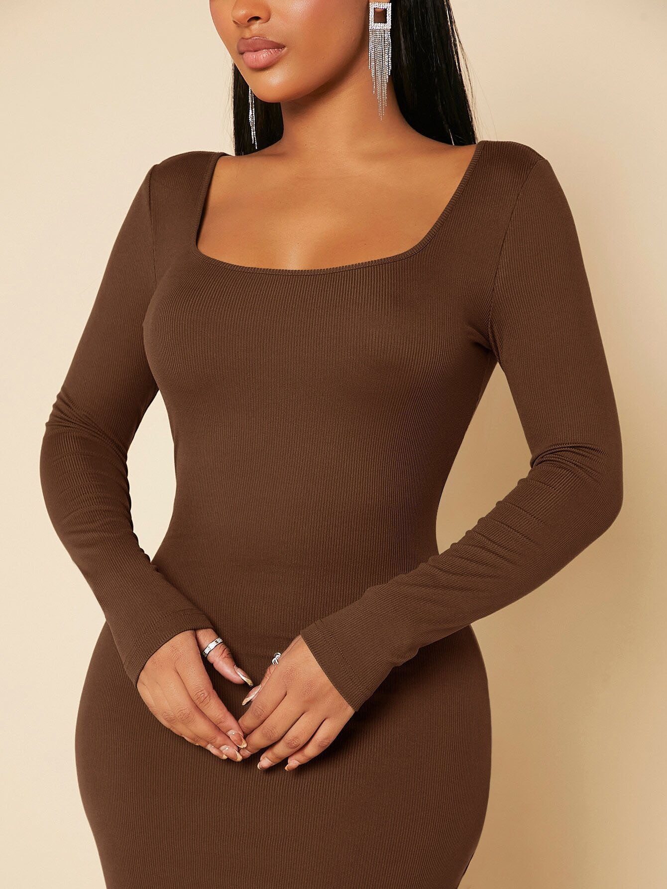 Elegant gracefull slim mid-length brown square-neck long-sleeve dress for fashionable ملابس
