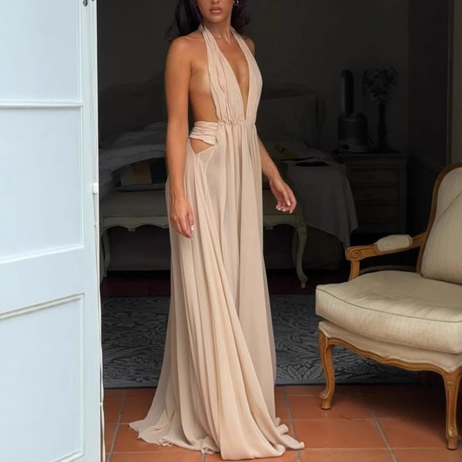 Beige halter maxi dress with side cutouts from Enchanting Long Evening Dress, perfect for langry fashion and ملابس occasions
