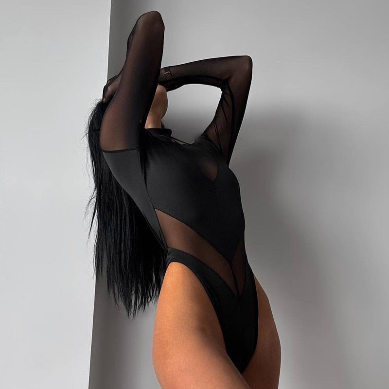 Black mesh-detailed bodysuit with cutouts for trendy langry fashion ملابس styling