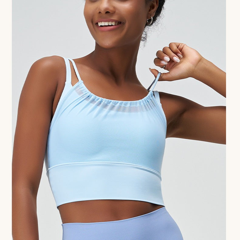 Light blue athletic crop top from the CUTE PLEATED MESH YOGA VEST collection