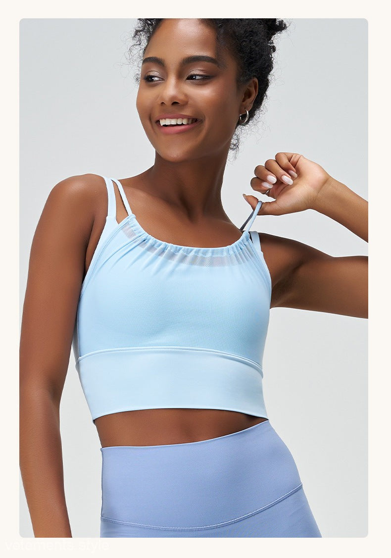 Light blue athletic crop top from the CUTE PLEATED MESH YOGA VEST collection
