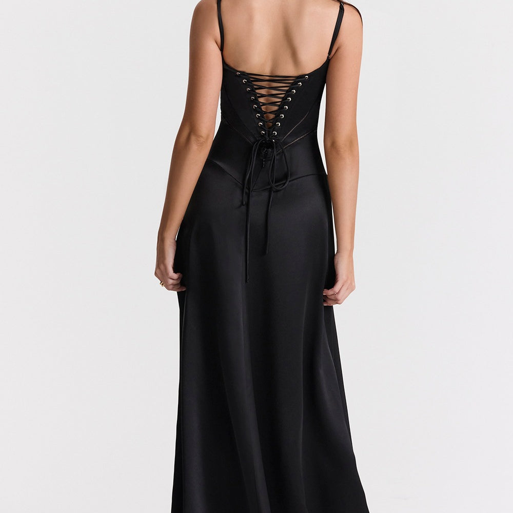 Elegant Black Satin Corset-Back Dress for Fashion-Forward Evening Events and Langry Style