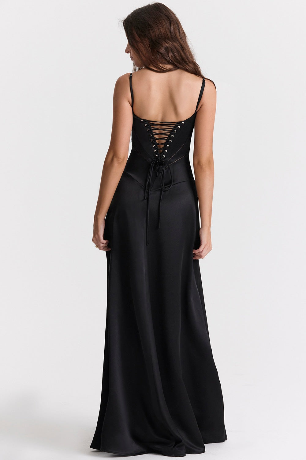 Elegant Black Satin Corset-Back Dress for Fashion-Forward Evening Events and Langry Style