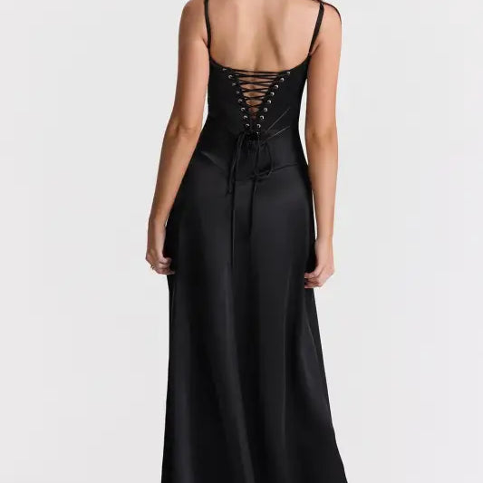 Elegant black satin corset-back dress in langry fashion ملابس