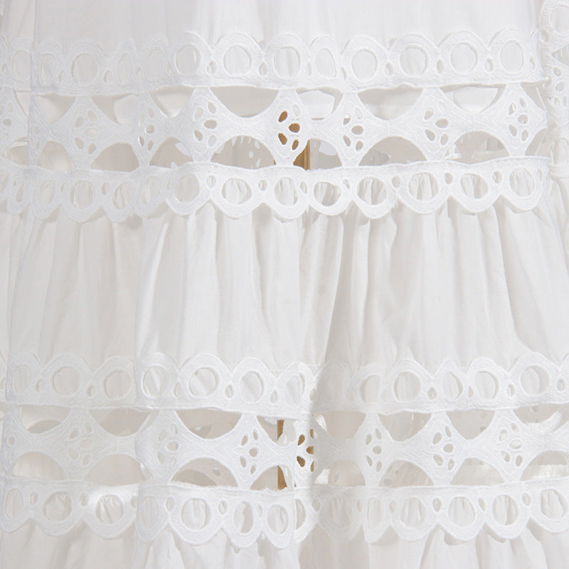 White eyelet fabric detail on Solid Color Heavy Work Dress with stand collar fashion