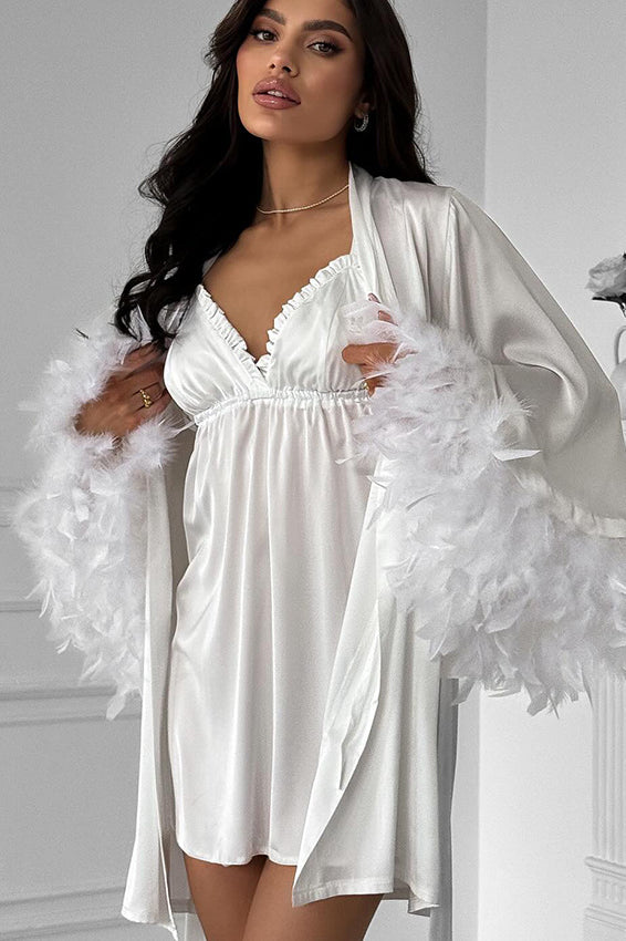 Comfy Satin Stitching Feather Sleeve Two Piece Sets Homewear