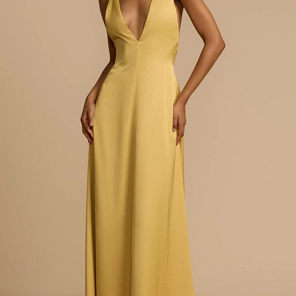 Yellow sleeveless satin maxi dress showcasing elegant fashion and trendy maxi dress style