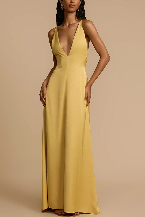 Yellow sleeveless satin maxi dress showcasing elegant fashion and trendy maxi dress style