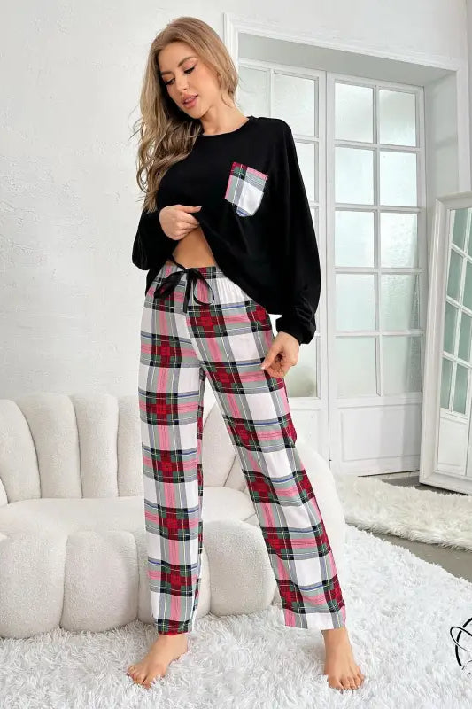 Black winter long sleeve home wear with plaid pocket top and trousers