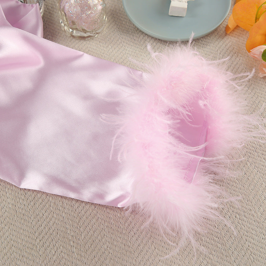 Pink cardigan feather homewear featuring lilac satin fabric and fluffy pink feather trim