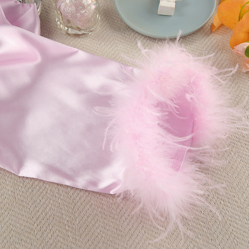 Pink cardigan feather homewear featuring lilac satin fabric and fluffy pink feather trim