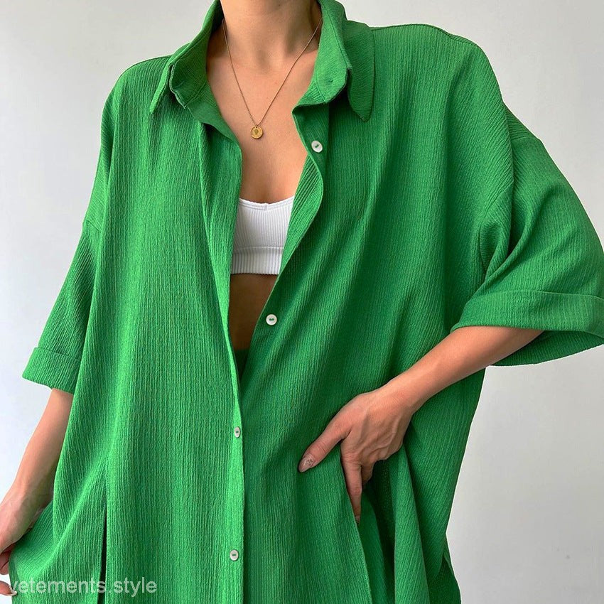 Green textured button-down shirt from COMFY LOOSE LOUNGEWEAR, ideal for casual styling